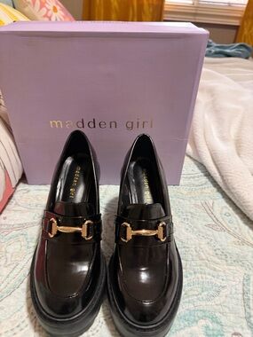 Madden Girl Black Patent Loafers with Gold Accent Hardware